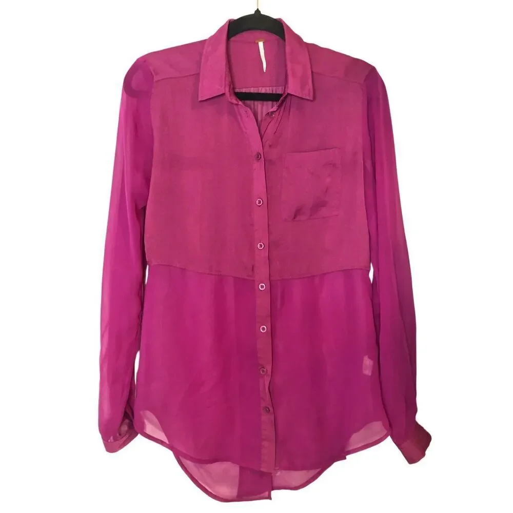 Free People XS Sheer Magenta Button Up Blouse Date Night Party Boho High Low Spl
